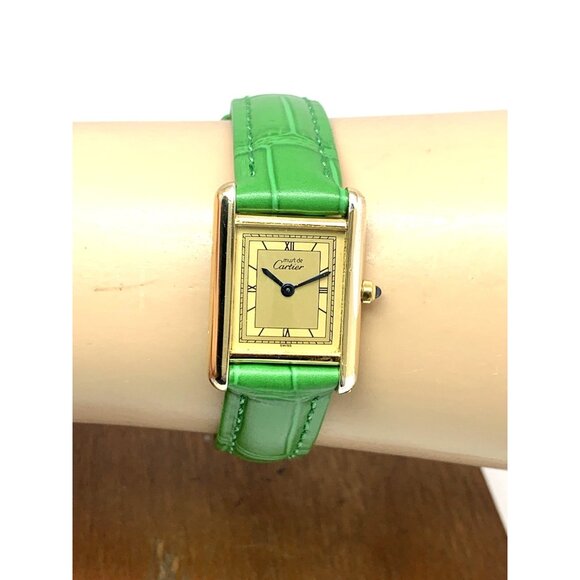 Cartier Must de Tank Women's Watch 366001 Swiss Quartz Gold Green Leather 21mm - Picture 9 of 12